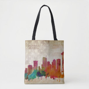 Bolso De Tela Seattle, horizonte de la ciudad de la acuarela de