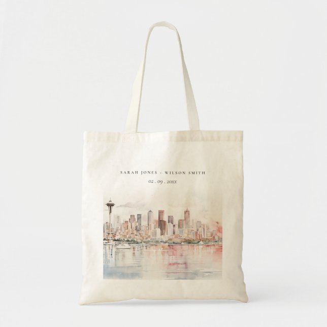 Bolso De Tela Seattle, Washington Watercolor Landscape Wedding (Frente)
