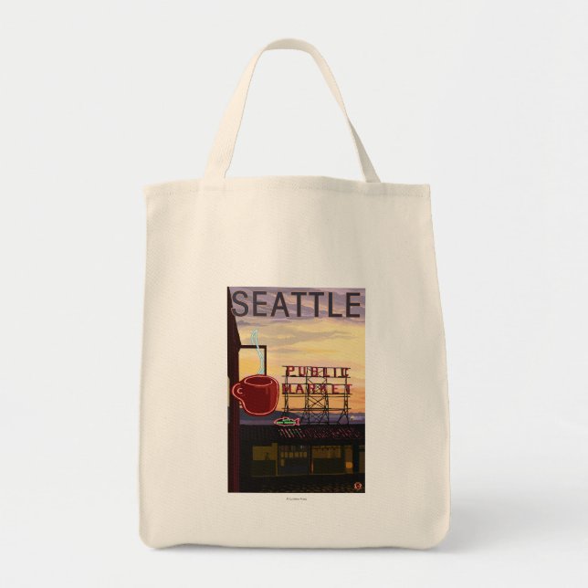 Bolso De Tela SeattlePike Place Mercado Rótulo y vistas al agua (Frente)