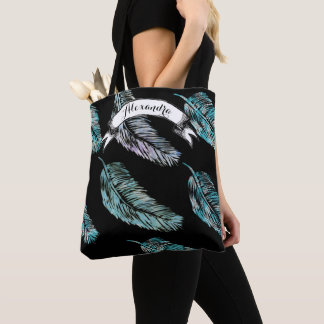 Bolso De Tela Seenidad, plumas de color azul y púrpura
