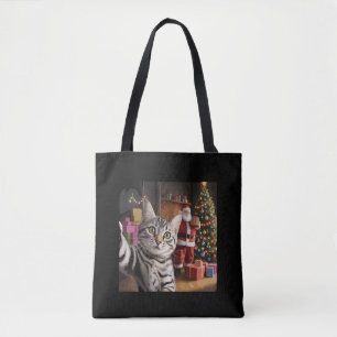 Bolso De Tela Selfie de gato de Navidad con Papá Noel Fiesta nav