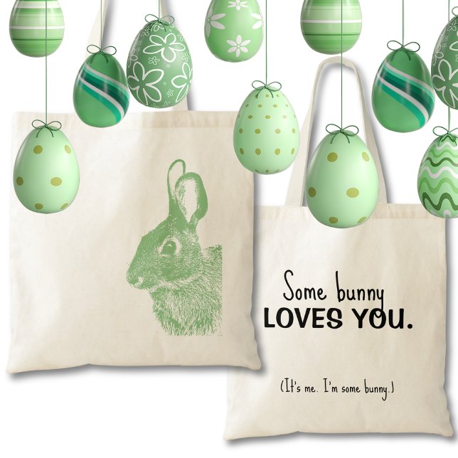 Bolso De Tela Semana Santa Mínima Doble-Pareja Verde Sage (Kids will love the cute bunny and the sweet customizable message on the back of this Easter bag. )