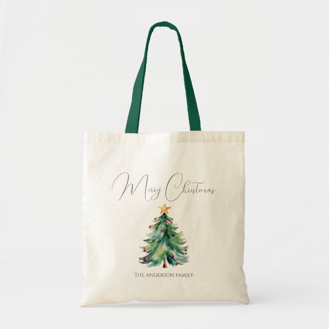 Bolso De Tela Sencilla y elegante acuarela Árbol de navidad (Frente)