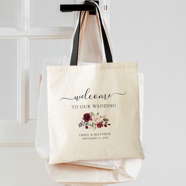 Bolso De Tela Sencillo guión bienvenida Floral Boda Tote Bag (Simple Script Welcome Floral Wedding Tote Bag)