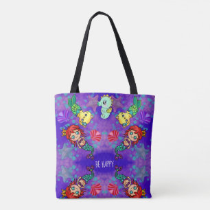 Bolso De Tela Ser una sirena feliz con un gato y un sol oceánico