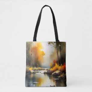 Bolso De Tela Serene vibrante pintura del paisaje del río Otoño