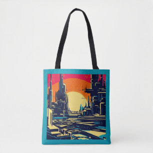 Bolso De Tela SF Futurista City Woodcut 1