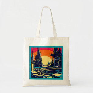 Bolso De Tela SF Futurista City Woodcut 1