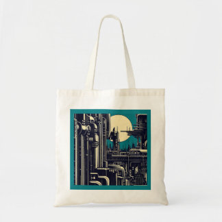 Bolso De Tela SF Futurista City Woodcut 2