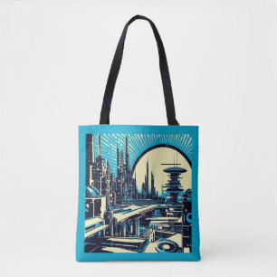 Bolso De Tela SF Futurista City Woodcut 3