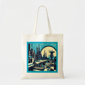 Bolso De Tela SF Futurista City Woodcut 3