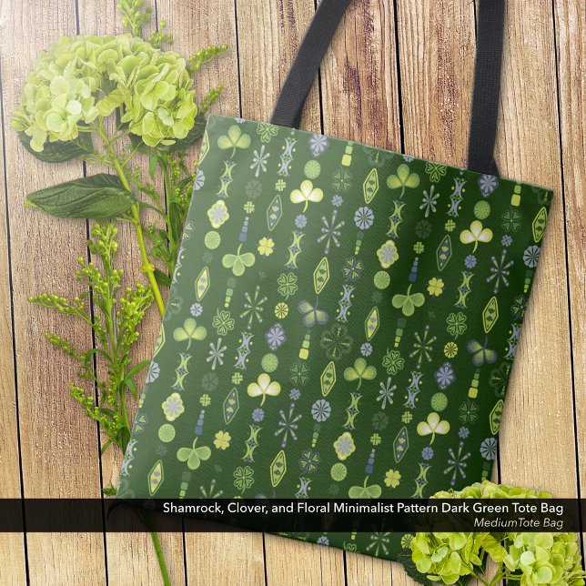 Bolso De Tela Shamrock Clover Minimal Moderno Patrón Oscuro Verd (Shamrock, Clover, and Floral Minimalist Pattern Dark Blue Tote Bag - Medium Size)
