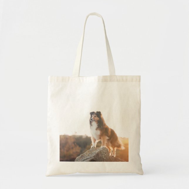 Bolso De Tela Sheltie en Cliff protectora escuchada al atardecer (Frente)