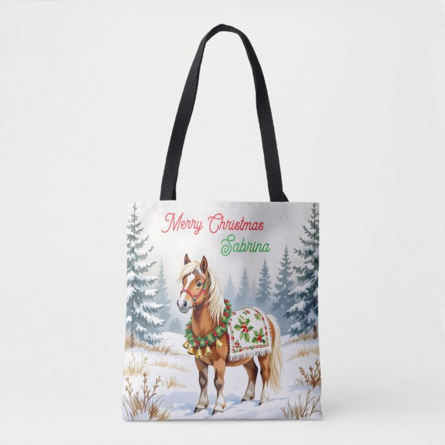 Bolso De Tela Shetland Pony y los Navidades Holly Personalizados (Anverso)