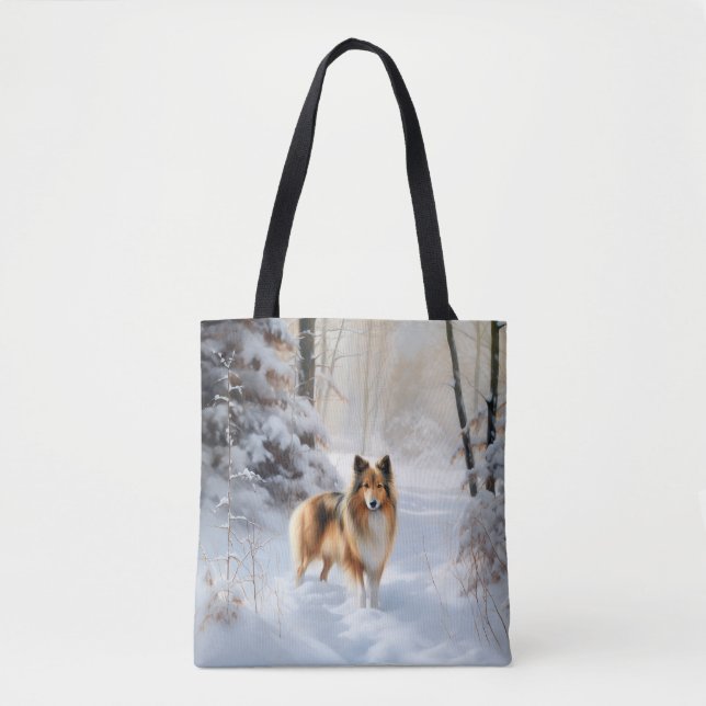 Bolso De Tela Shetland Sheepdog Deja Que Nieva Navidades (Anverso)