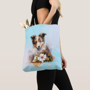 Bolso De Tela Shetland Sheepdog Puppy Mascota Flor acuática