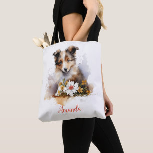 Bolso De Tela Shetland Sheepdog Puppy Mascota Flor acuática
