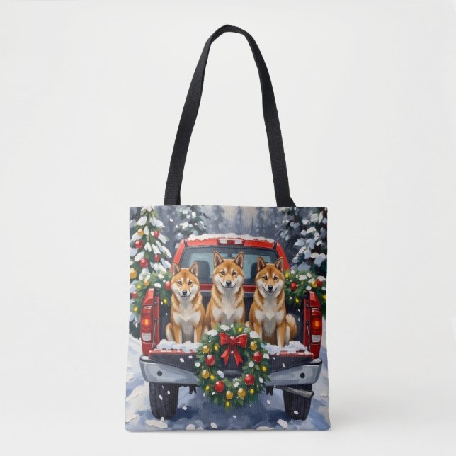 Bolso De Tela Shiba Inu Christmas Red Truck Holiday (Anverso)