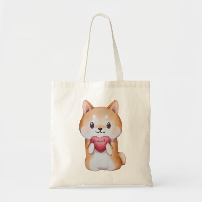 Bolso De Tela Shiba Inu sosteniendo un corazón (Frente)
