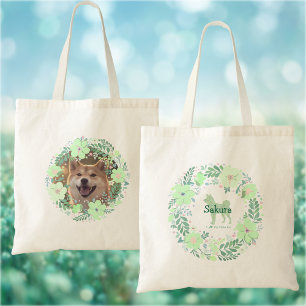Bolso De Tela Shiba Inu Verde Menta Corona de Flores Nombre Pers