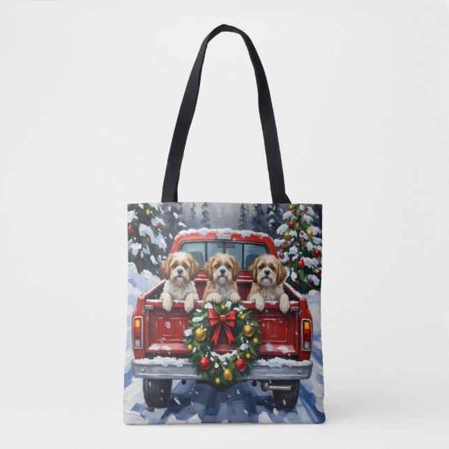 Bolso De Tela Shih Tzu Christmas Red Truck Holiday (Anverso)