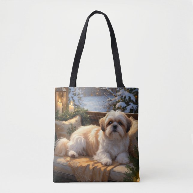 Bolso De Tela Shih Tzu con vacaciones de Navidades alumbrados (Anverso)