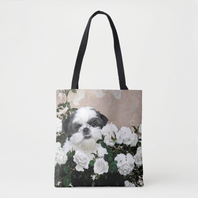 Bolso De Tela Shih Tzu en rosas (Anverso)