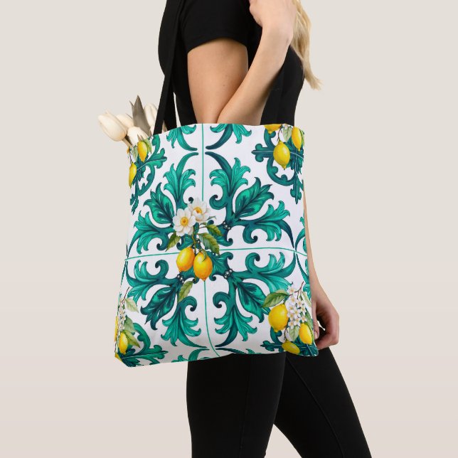 Bolso De Tela siciliano, verano, limón, mosaico, verde, (Detalle)