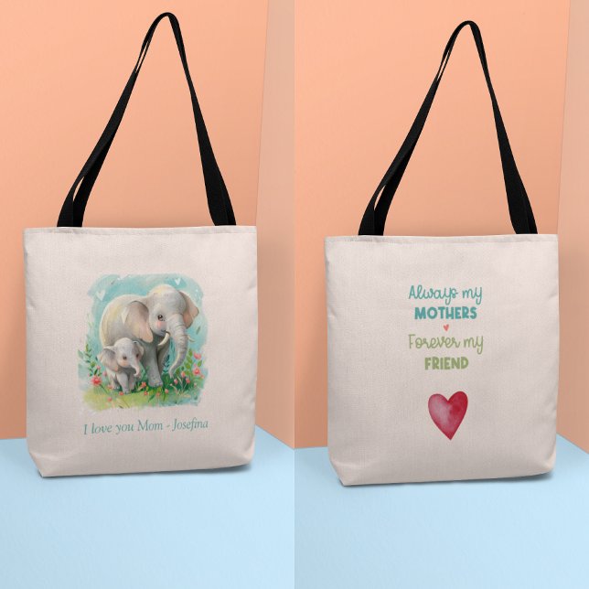 Bolso De Tela Siempre mi madre - Mamá elefante y rosa bebé (Always my Mother - Elephant Mum & Baby Pink Tote Bag)