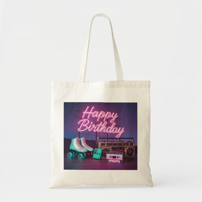 Bolso De Tela Signo de cumpleaños feliz de neón retro en rosa y  (Frente)