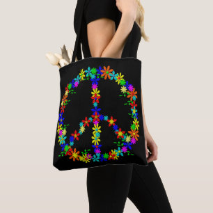 Bolso De Tela Signo de la paz con las flores coloridas