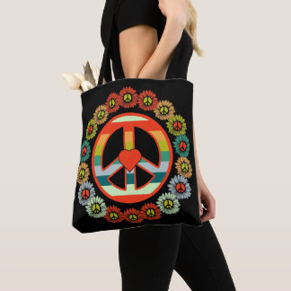 Bolso De Tela Signo de paz de flores retro hippy