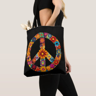 Bolso De Tela Signo de paz de flores retro hippy