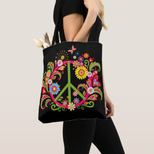 Bolso De Tela Signo de paz floral en negro