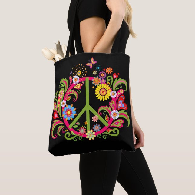Bolso De Tela Signo de paz floral en negro (Detalle)