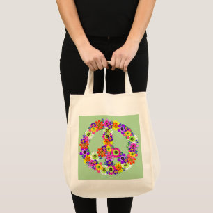 Bolso De Tela Signo de paz floral sobre verde claro