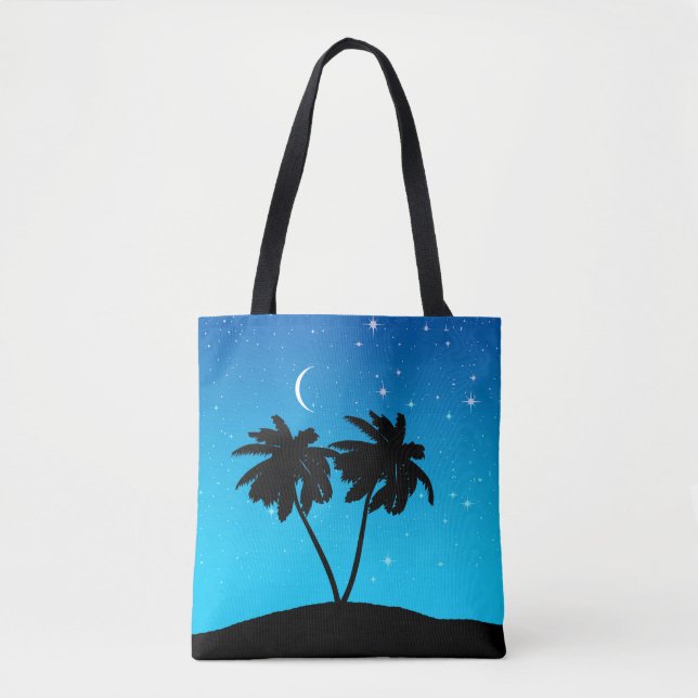 Bolso De Tela Silhouette de árbol de palmeras, velada azul con e (Anverso)
