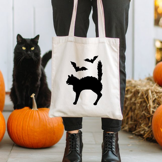 Bolso De Tela Silhouette de gato negro asustado con Bats Hallowe (Disclaimer: This image is a digital mockup.)