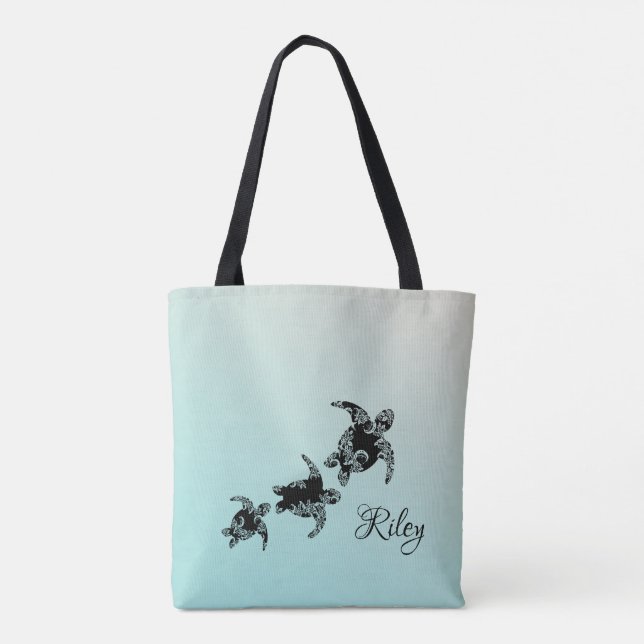 Bolso De Tela Silhouette de las tortugas marinas con nombre (Reverso)