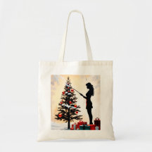 Silhouette femenina con árbol de Navidad adornado