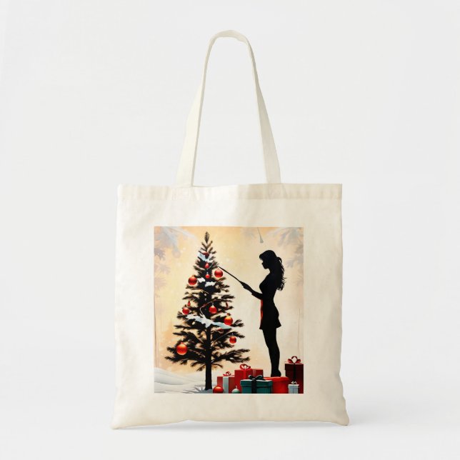 Bolso De Tela Silhouette femenina con árbol de Navidad adornado (Frente)