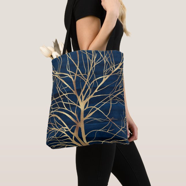 Bolso De Tela Silhouette moderna de árbol de oro Diseño azul mín (Detalle)
