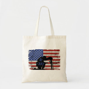 Bolso De Tela Silueta de arrodillamiento de soldados y bandera e
