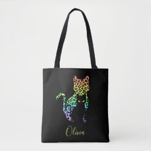 Bolso De Tela Silueta de gato con estampado de leopardo arcoíris