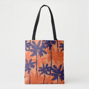 Bolso De Tela Silueta de palmera azul, fondo naranja