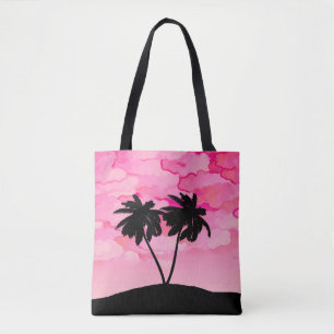 Bolso De Tela Silueta de palmera, rosa amanecer con nubes