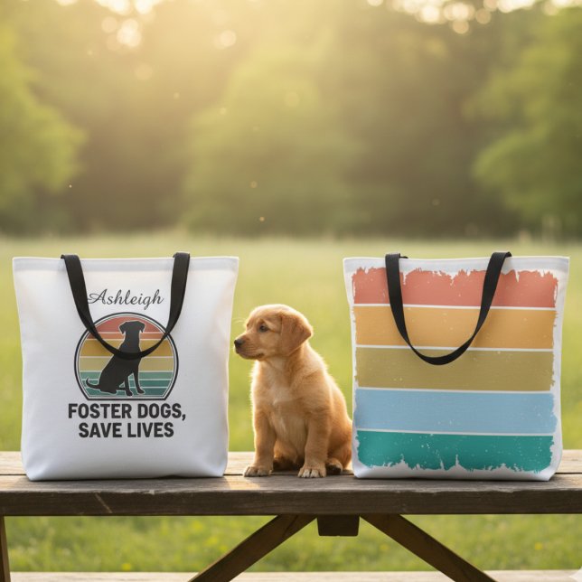 Bolso De Tela Silueta de perro al atardecer retro (Dog rescue tote bag)