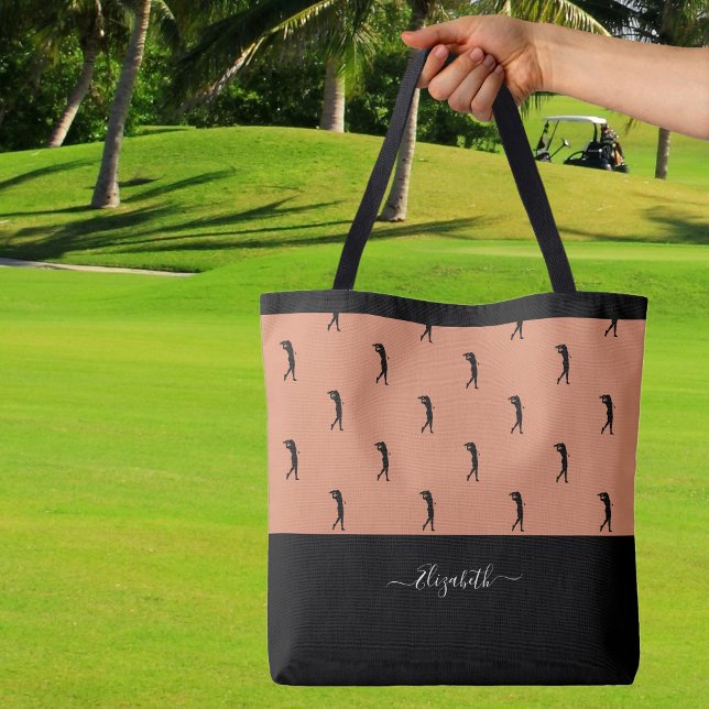 Bolso De Tela Silueta moderna de golfista personalizada marrón n (Personalized Golfer Modern Silhouette Brown Black Tote Bag Custom Name For Her)