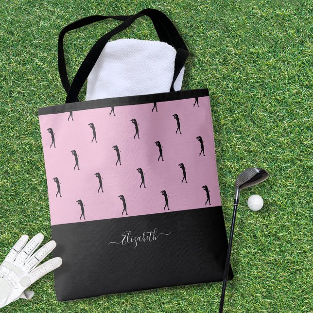 Bolso De Tela Silueta moderna de golfista personalizado rosa neg (Personalized Golfer Modern Silhouette Pink Black Tote Bag)