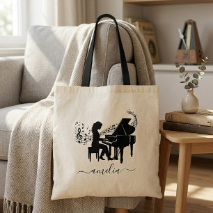 Bolso De Tela Silueta Personalizada de Pianista Mujer Notas Musi